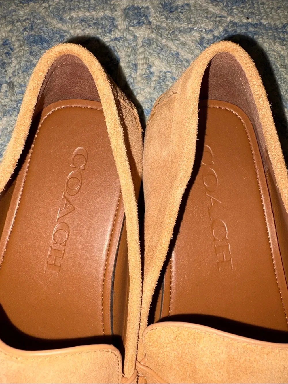 Coach Men's Suede Loafers in Tan with Gold Chain